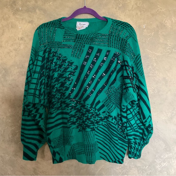 Vintage Sweaters - Vintage 80s Demaro Wool Angora Beaded Sequin Dolman Sleeve Sweater
